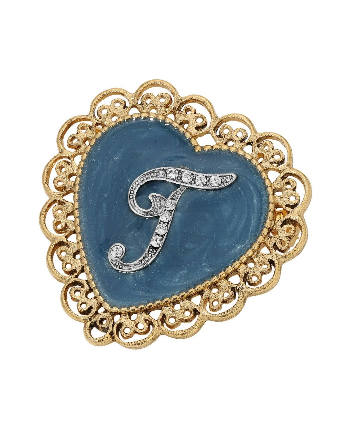 Gold Tone Initial Filigree Heart Blue Enamel Pin