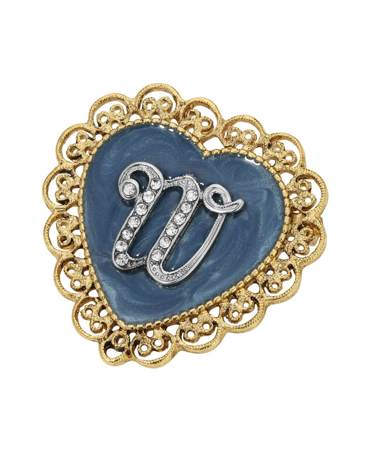 Gold Tone Initial Filigree Heart Blue Enamel Pin
