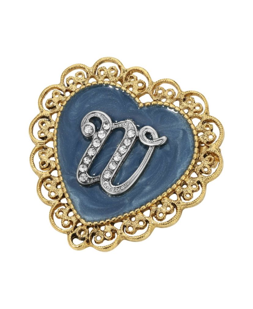 Gold Tone Initial Filigree Heart Blue Enamel Pin