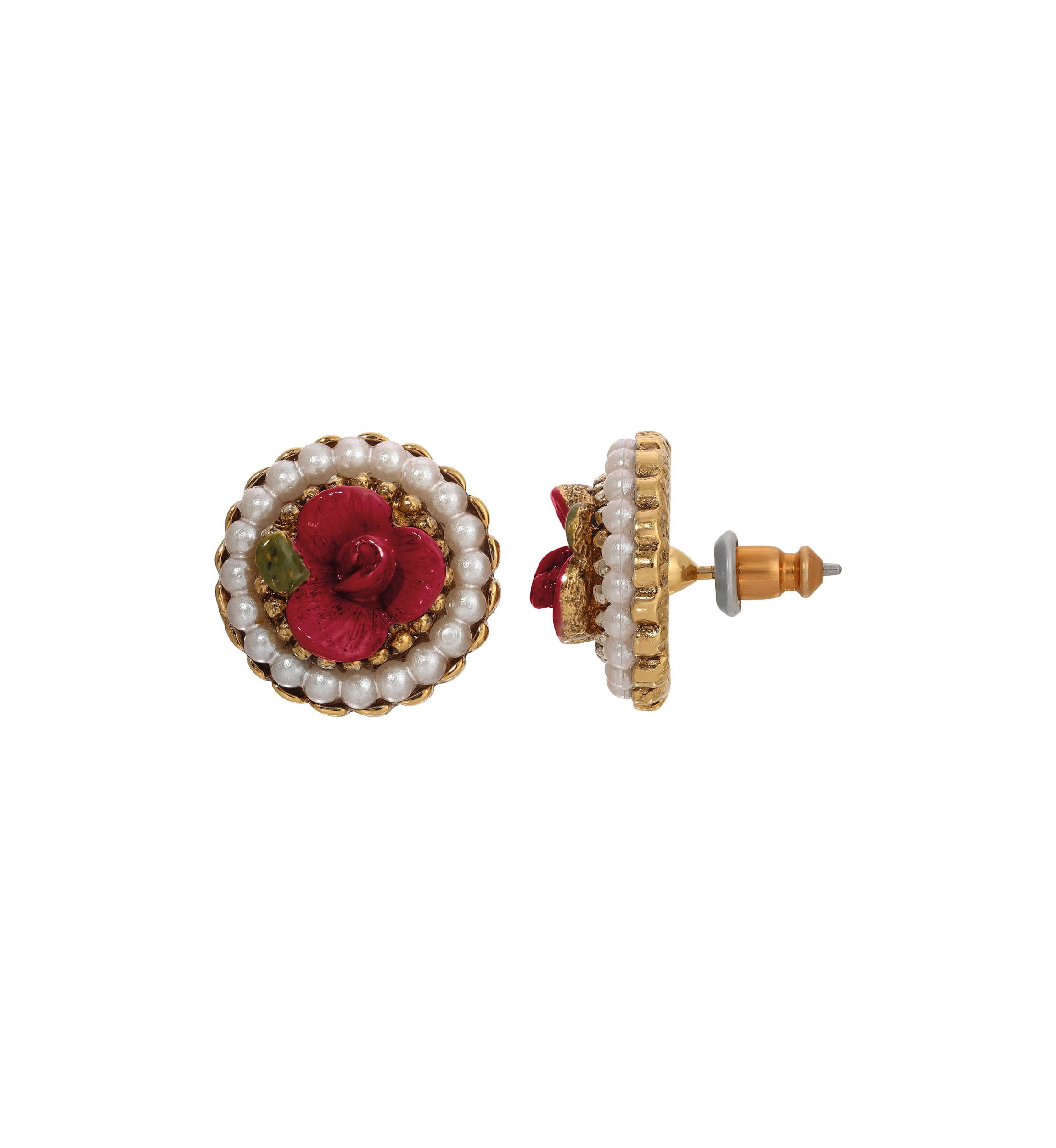 Faux Pearl Red Rose Round Stud Earrings