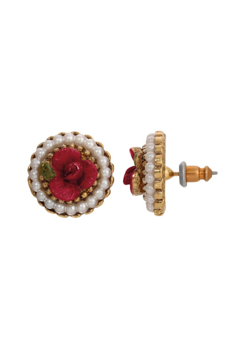 Faux Pearl Red Rose Round Stud Earrings