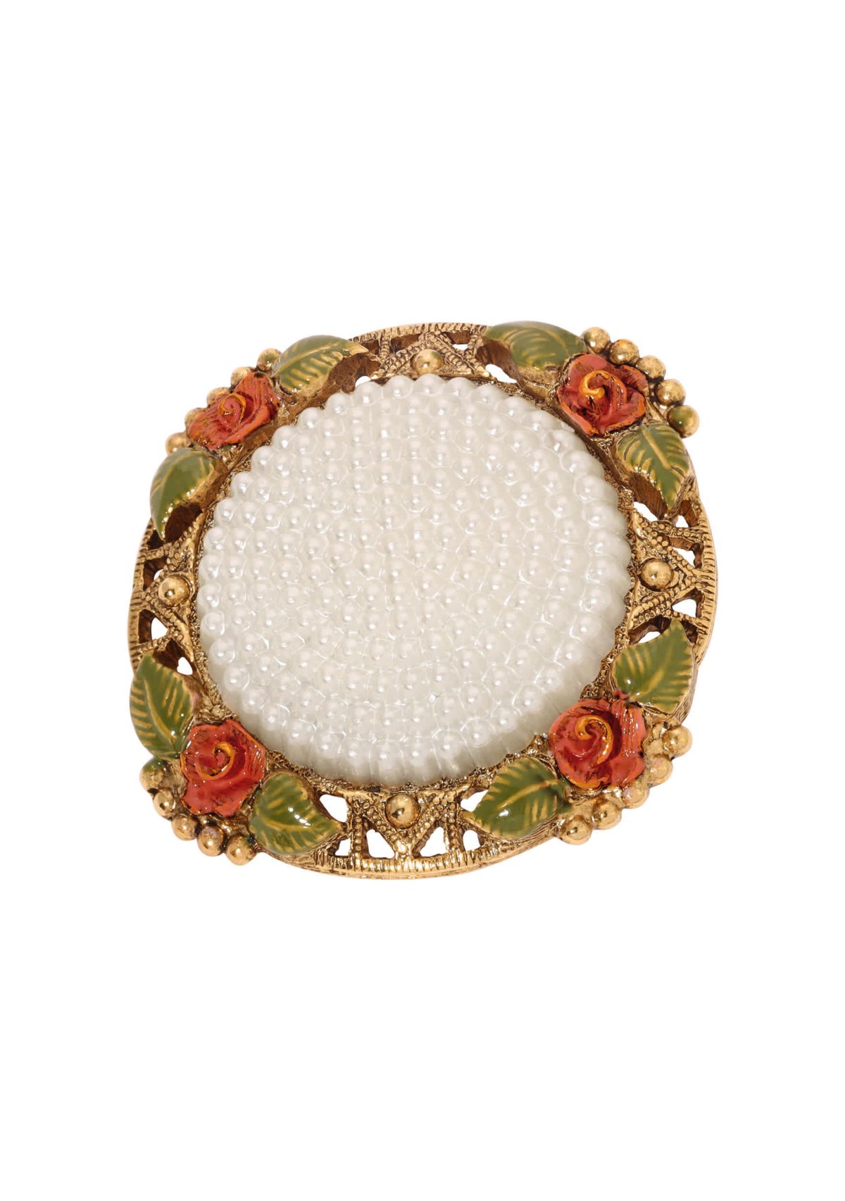 Gold Tone Faux Pearl Red Flower Round Brooch
