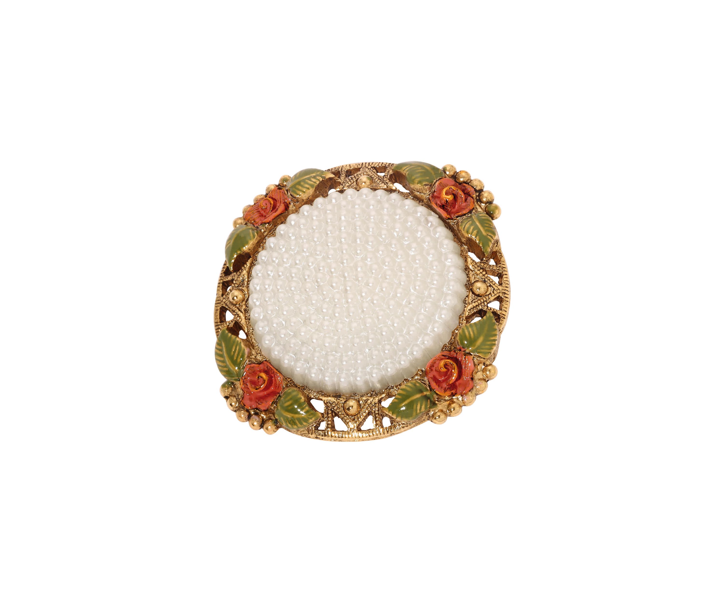 Faux Pearl Red Rose Round Brooch