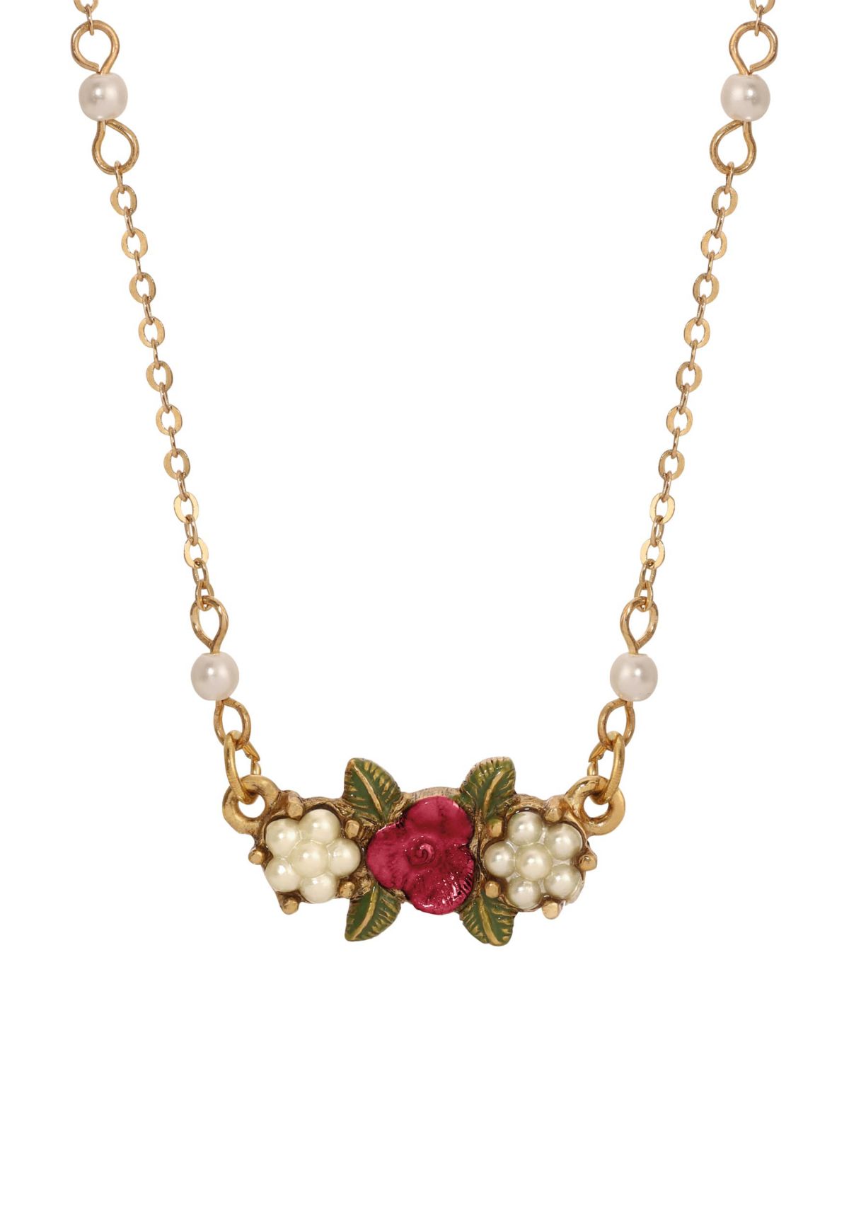 Faux Pearl & Red Rose Collar Nk 16" Adj