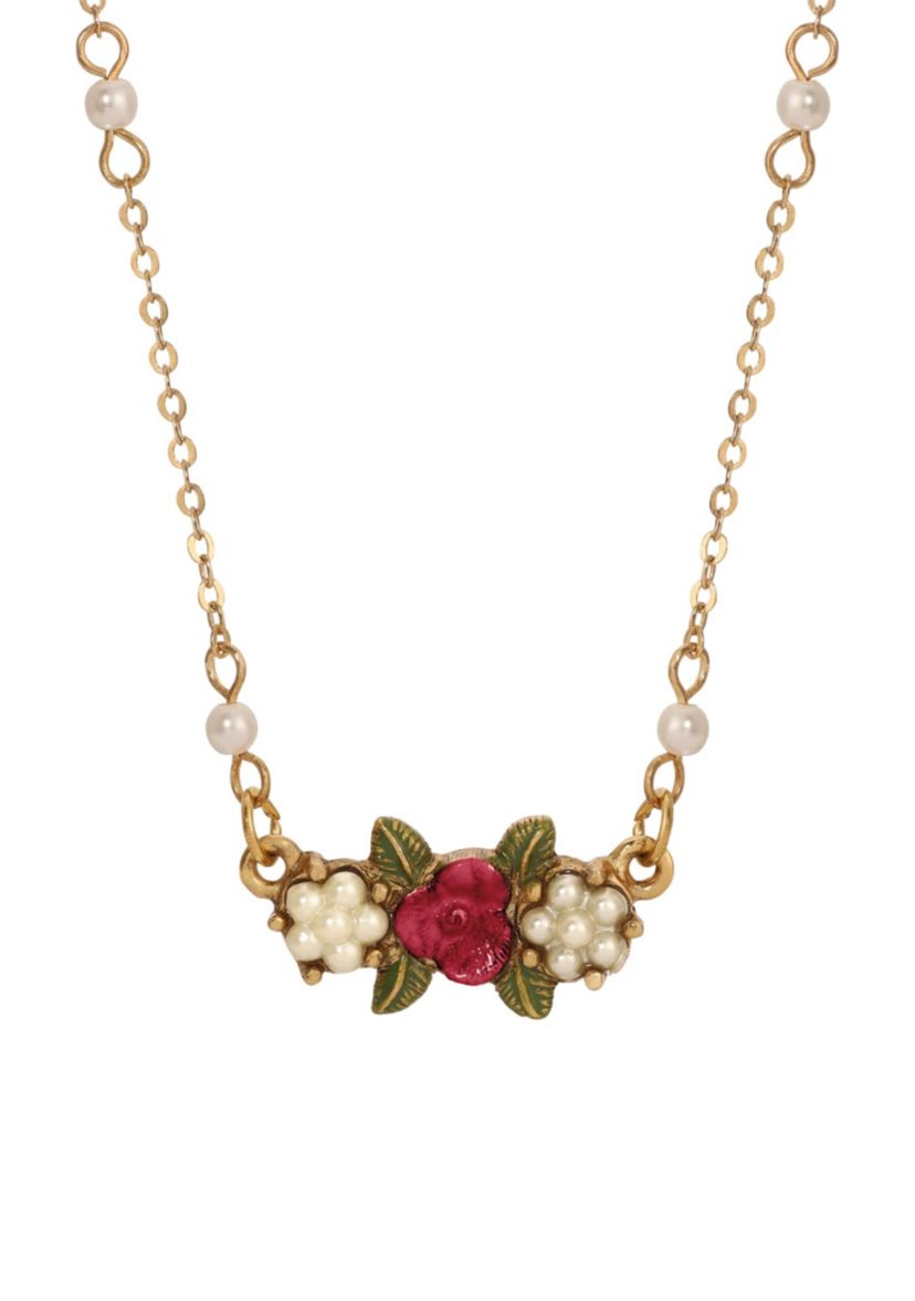 Faux Pearl & Red Rose Collar Nk 16" Adj