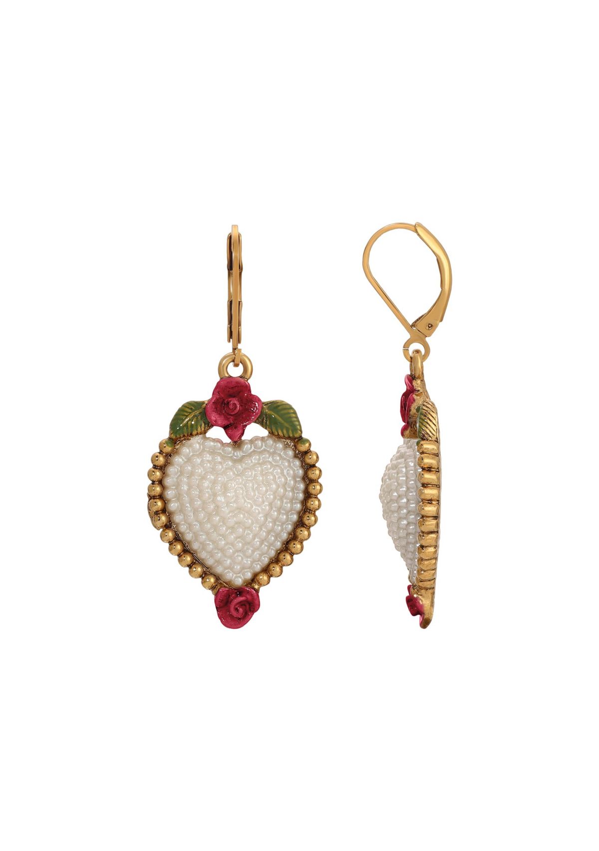 Faux Pearl Red Rose Heart Drop Earrings