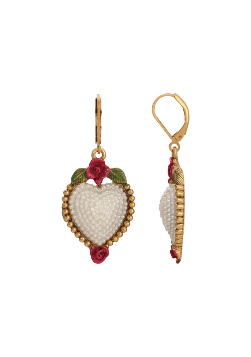 Faux Pearl Red Rose Heart Drop Earrings