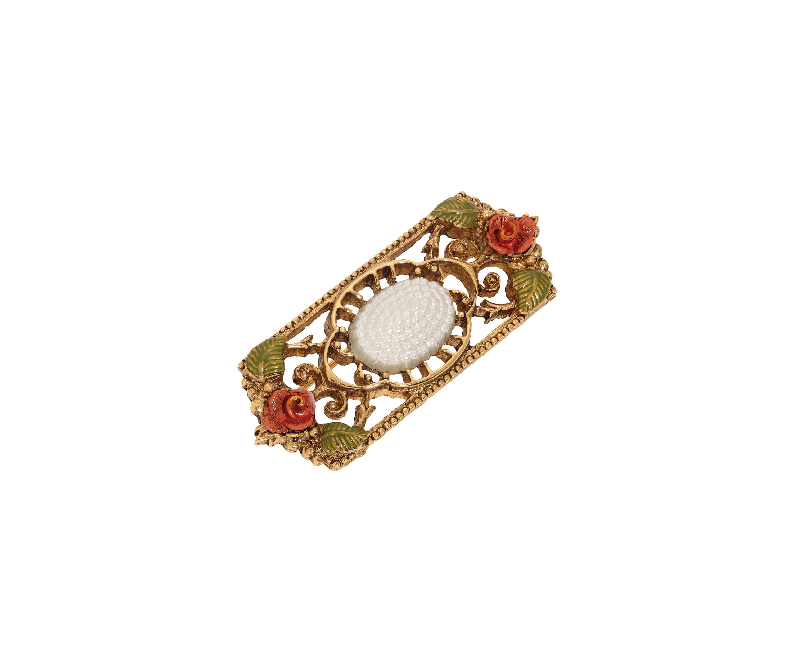Faux Pearl Red Rose Rectangle Brooch