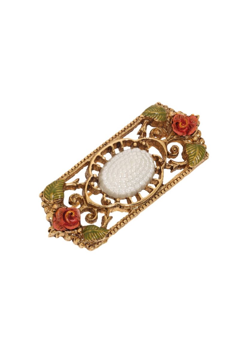 Faux Pearl Red Rose Rectangle Brooch