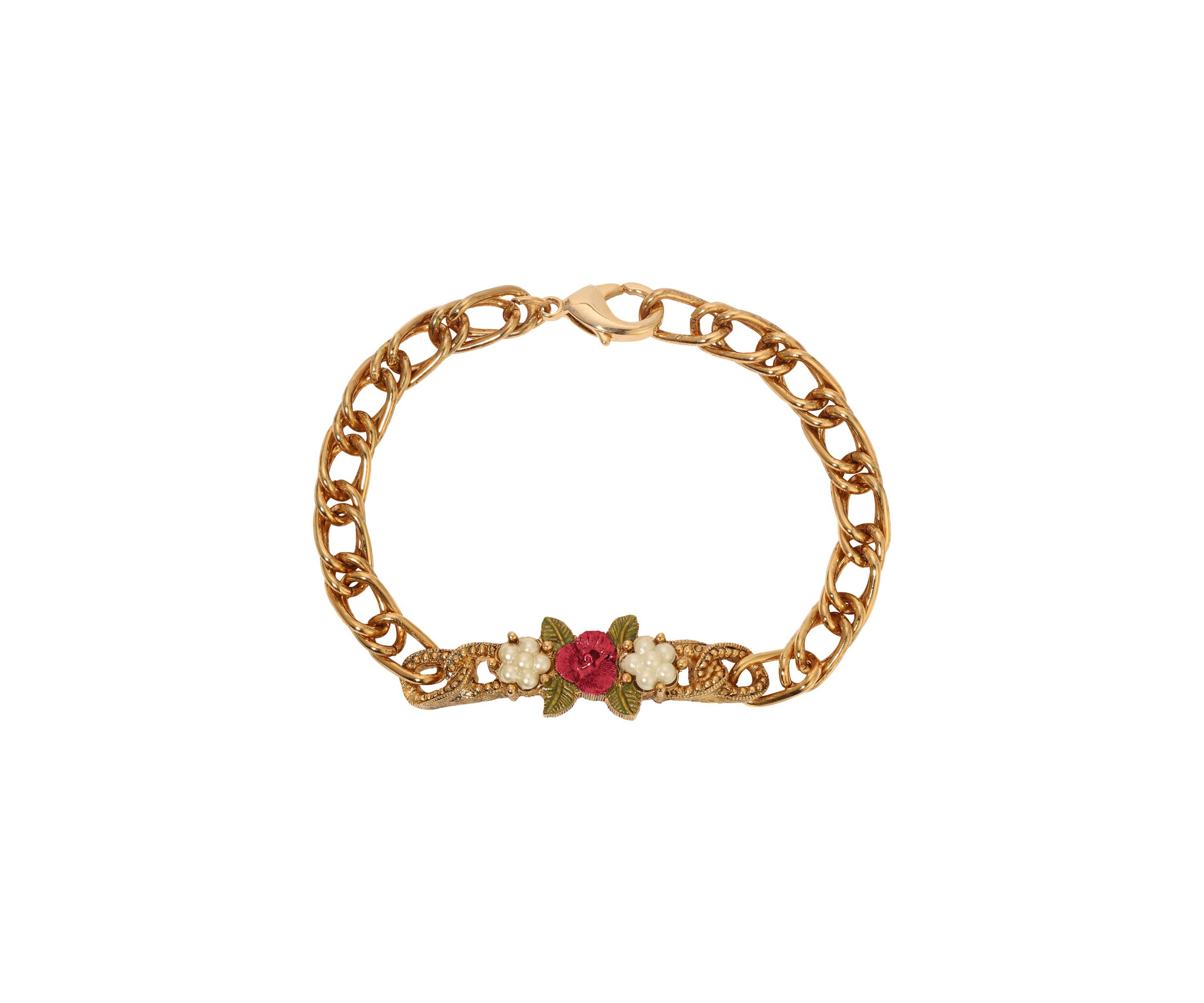 Faux Pearl Red Rose ID Bracelet