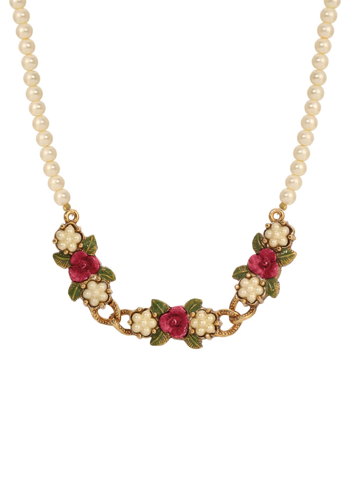 Faux Pearl Red Rose Collar Nk 17" Adj.