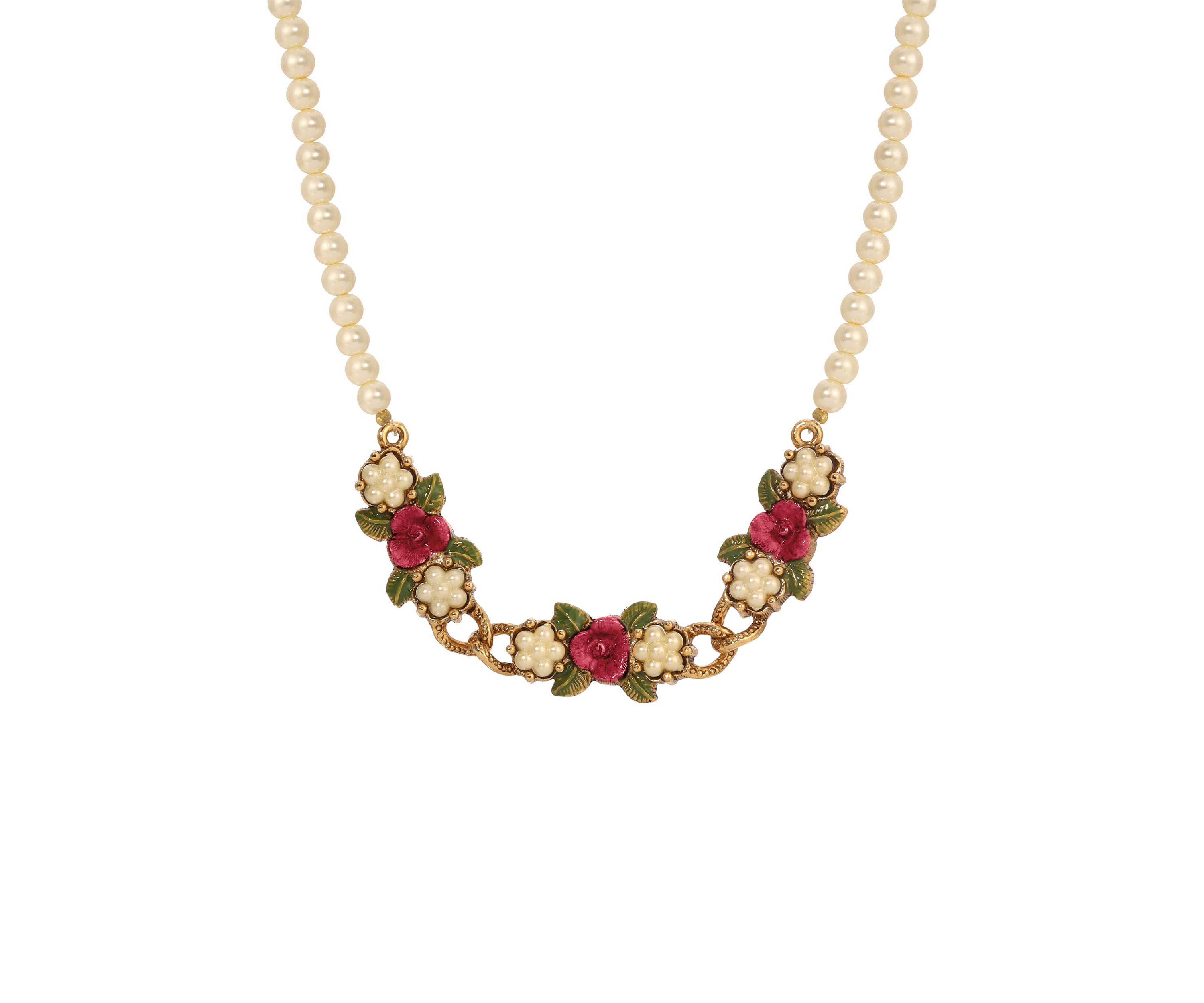 Faux Pearl Red Rose Collar Nk 17" Adj.