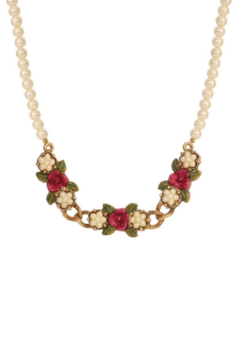 Faux Pearl Red Rose Collar Nk 17" Adj.