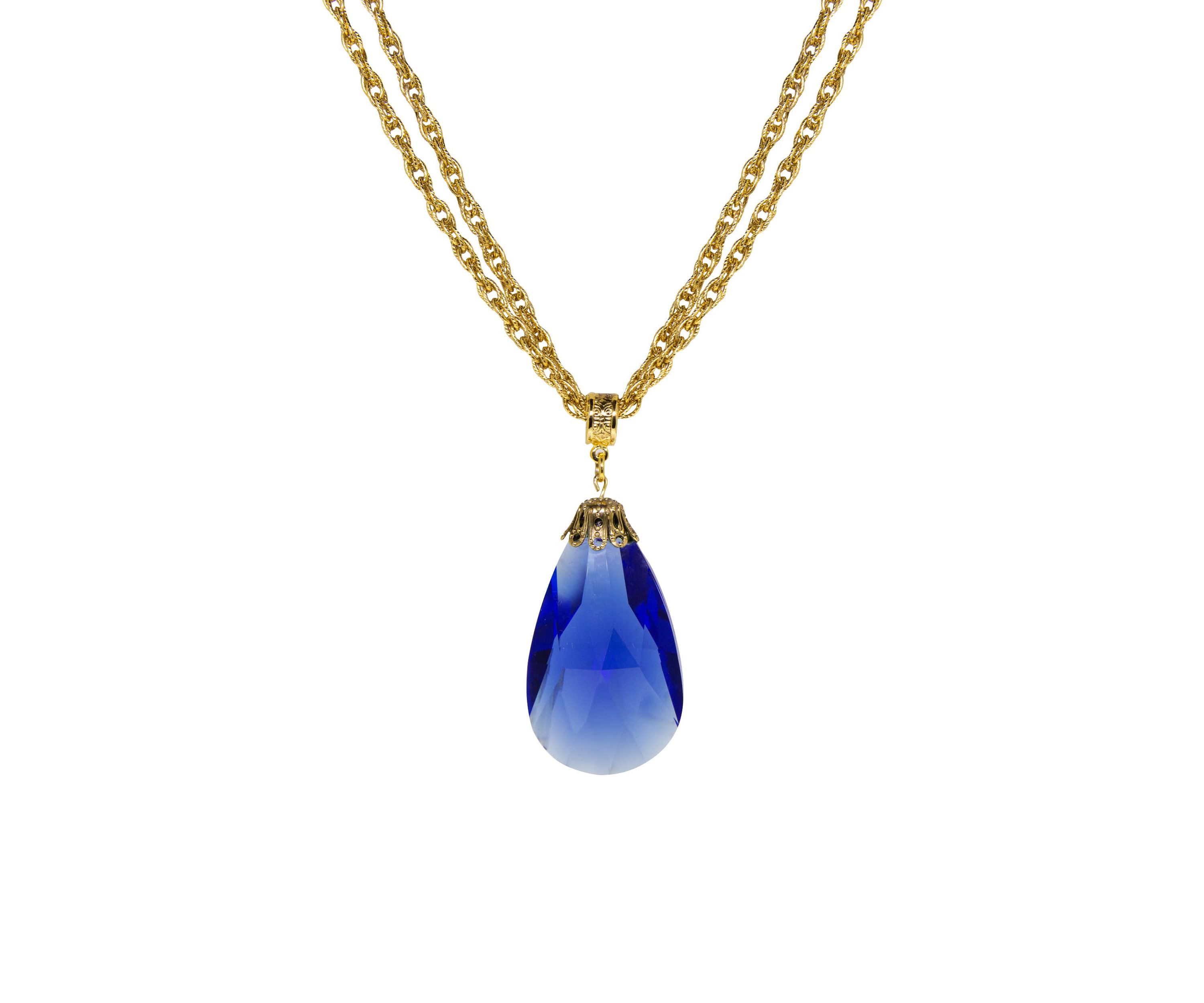 Gold Tone Sapphire Drop Necklace 16" Adj
