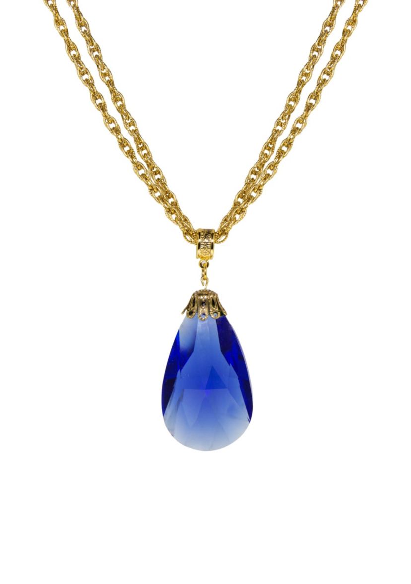 Gold Tone Sapphire Drop Necklace 16" Adj