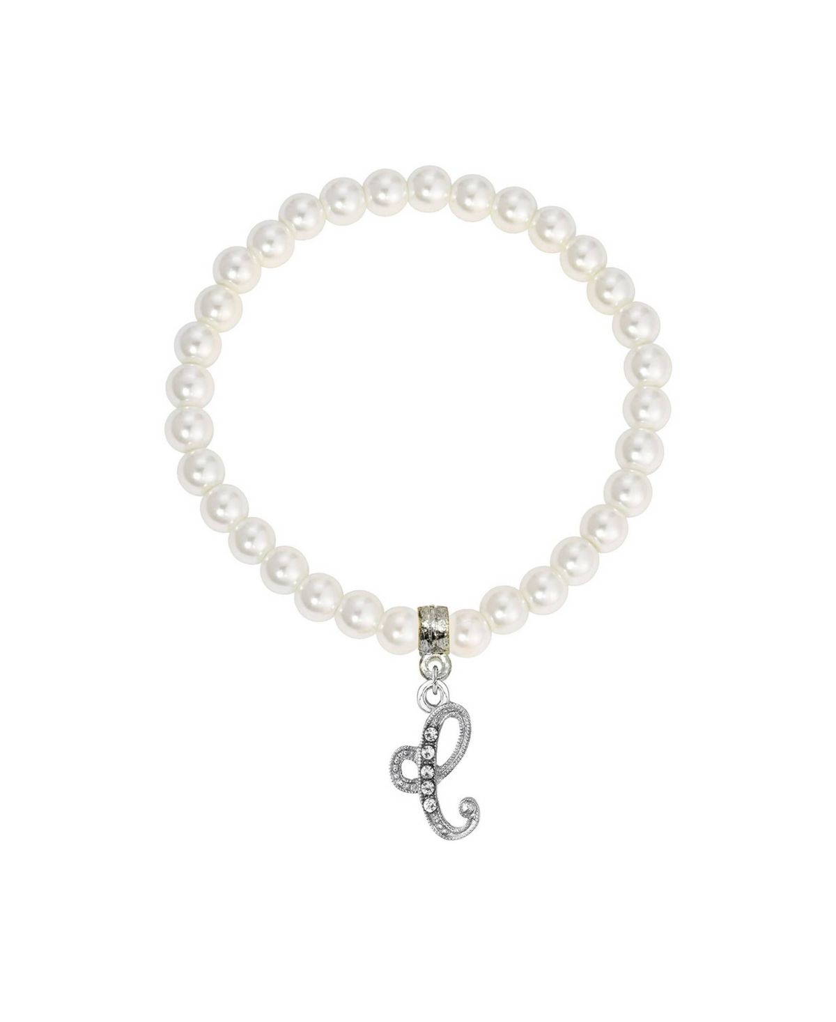White Faux Pearl Bead Initial Charm Stretch Bracelet