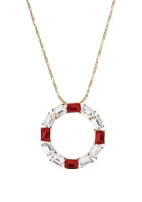 1928 Jewelry Round Crystal and Red Stone Pendant