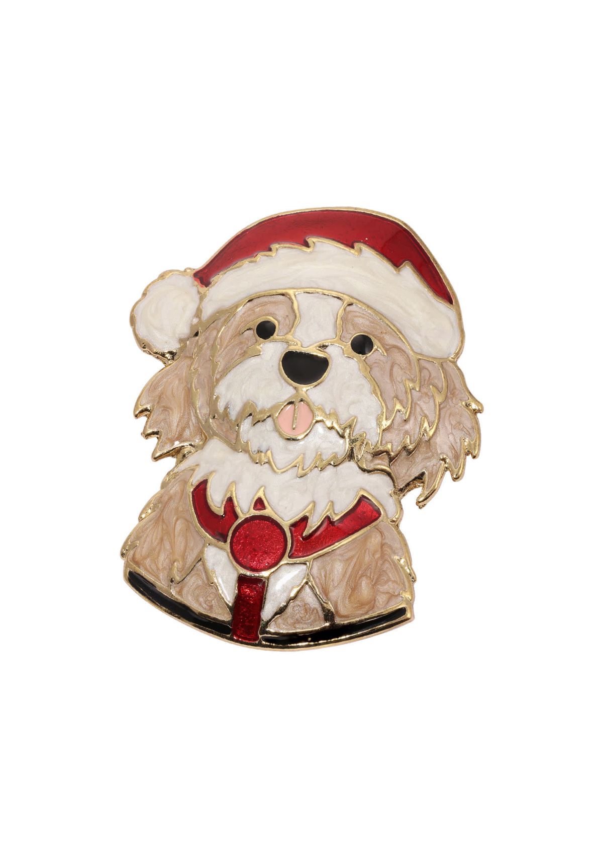 Gold Tone Red & Beige Santa Dog Brooch