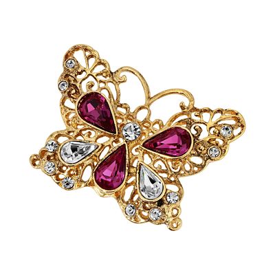 1928 Jewelry Gold Tone Clear & Fushia Crystal Bal Butterfly Pin, Pink