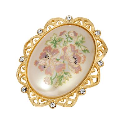 1928 Jewelry Gold Tone Oval Floral Decal Pin, Pink
