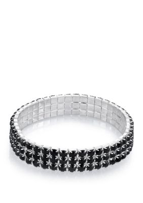 Silver Tone Black 3 Row Rhinestone Stretch Bracelet