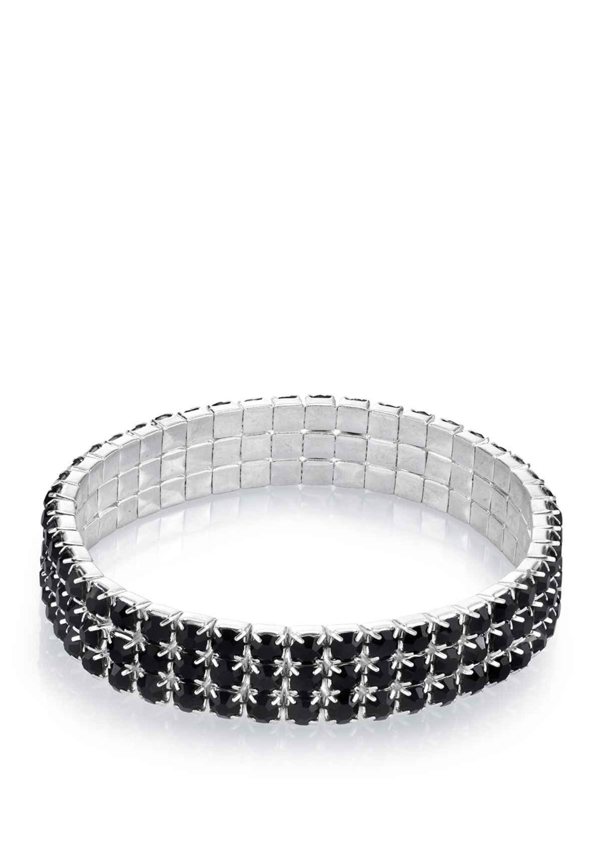 Silver Tone Black 3 Row Rhinestone Stretch Bracelet