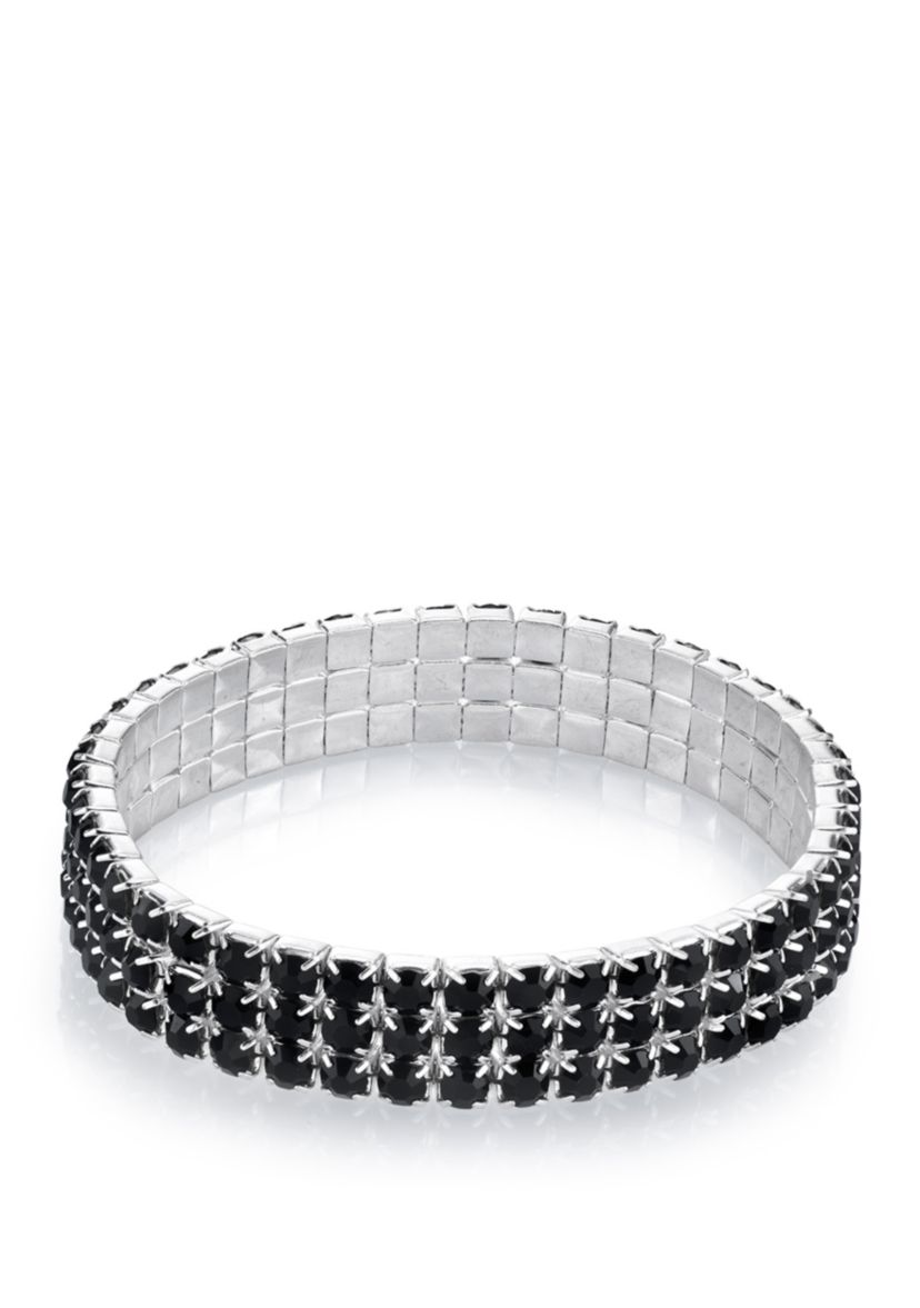 Silver Tone Black 3 Row Rhinestone Stretch Bracelet