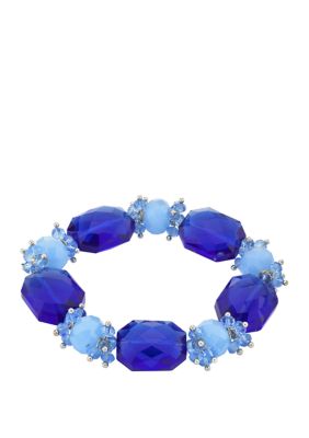 Silver Tone Bright Blue Beaded Stretch Bracelet
