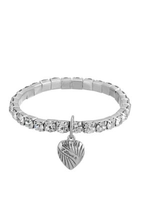 Silver Tone Crystal Heart Charm Stretch Bracelet