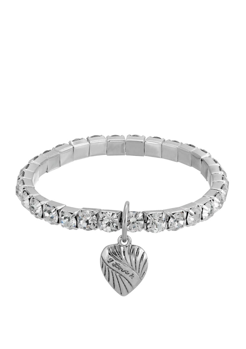 Silver Tone Crystal Heart Charm Stretch Bracelet