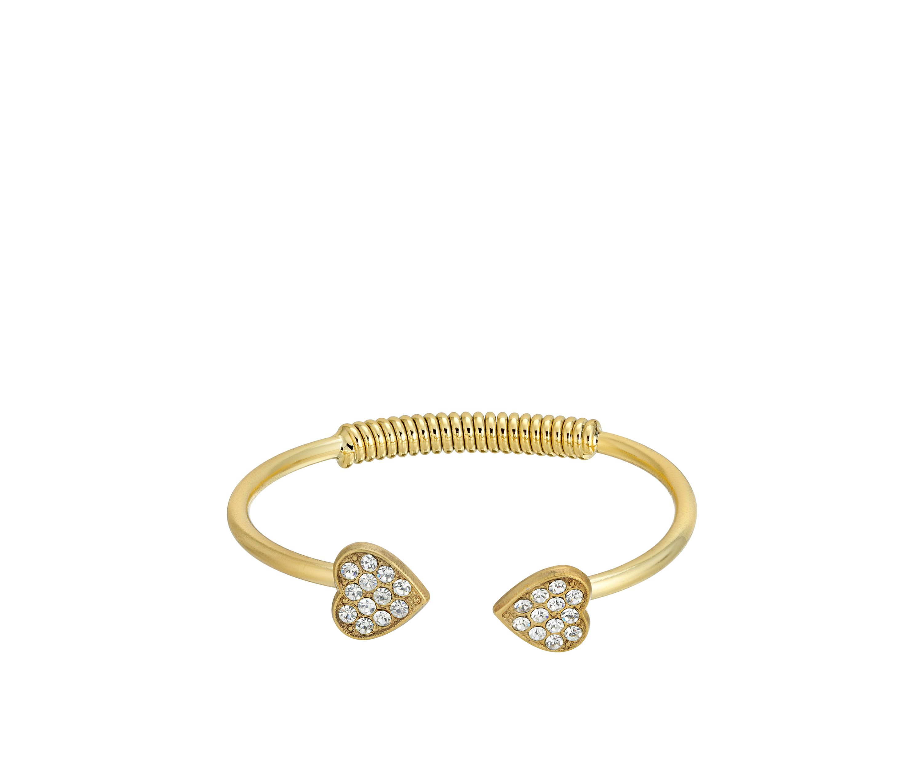 14k Gold Dipped Pavé Crystal Heart Coil Spring C Cuff Bracelet