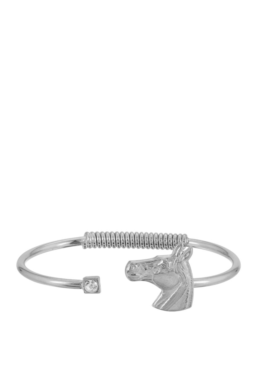 Silver Tone Clear Crystal and Horse Accent Hinge Bracelet