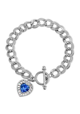 Silver Tone Sapphire Swarovski Elements Heart Toggle Bracelet