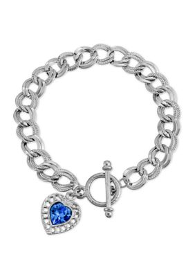 1928 Jewelry Silver Tone Sapphire Swarovski Elements Heart Toggle Bracelet, Blue -  0011996635435