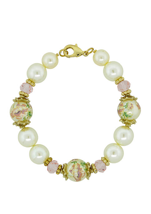 Gold Tone Flower Decal Pearl and Pearl Bracelet