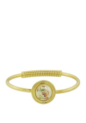 1928 Jewelry Gold Tone Flower Decal Pearl Hinge Bracelet, Pink