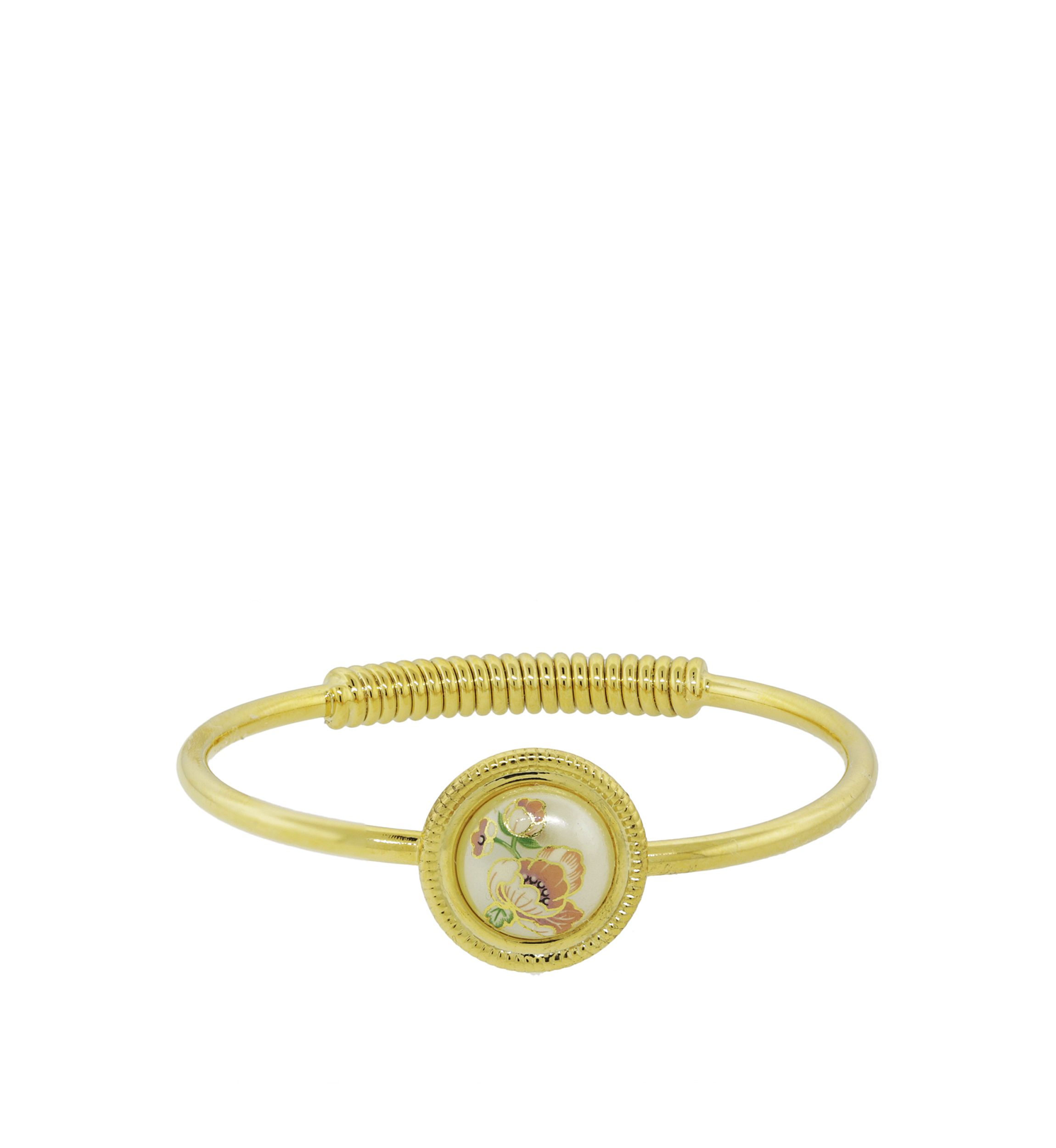 Gold Tone Flower Decal Pearl Hinge Bracelet
