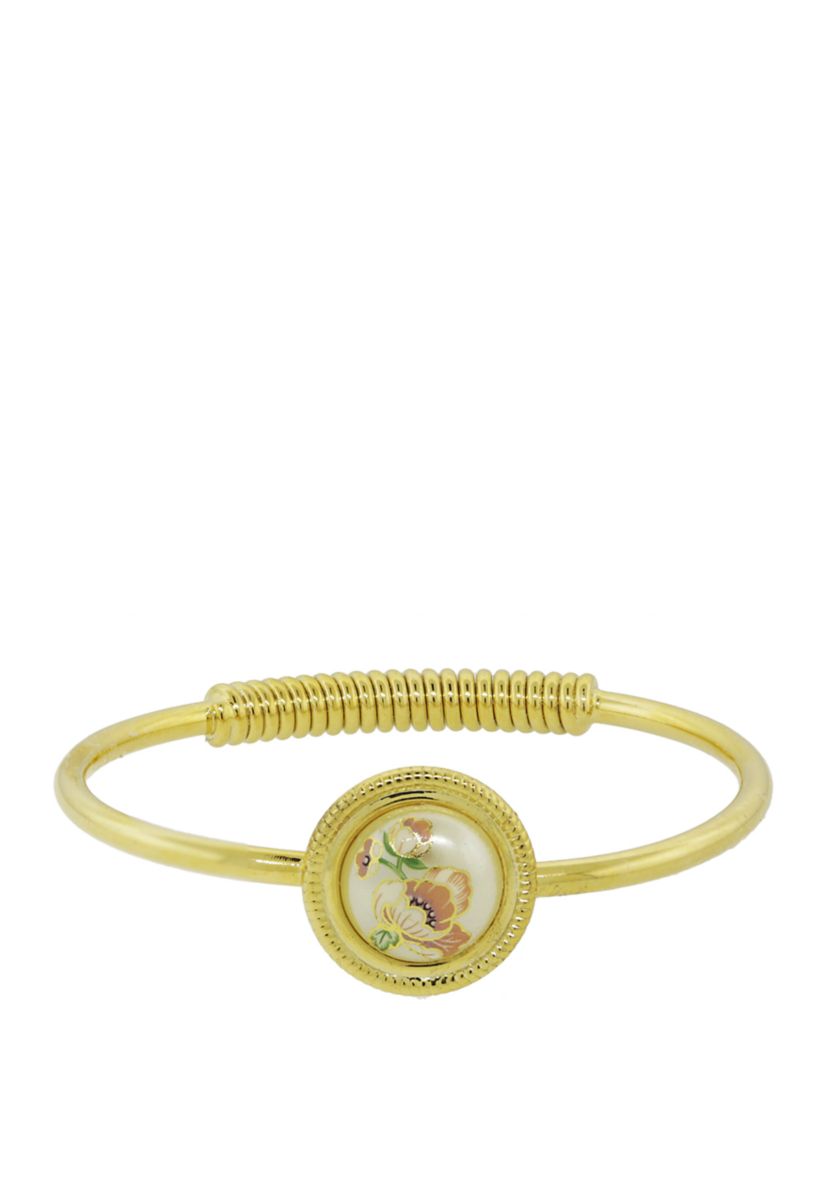 Gold Tone Flower Decal Pearl Hinge Bracelet