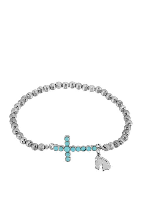 Silver Tone Turquoise Cross Horse Charm Stretch Bracelet