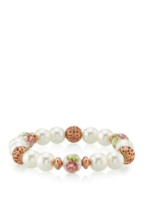 Rose Gold-Tone Simulated Pearl Purple Flower Filigree Beaded Stretch Bracelet