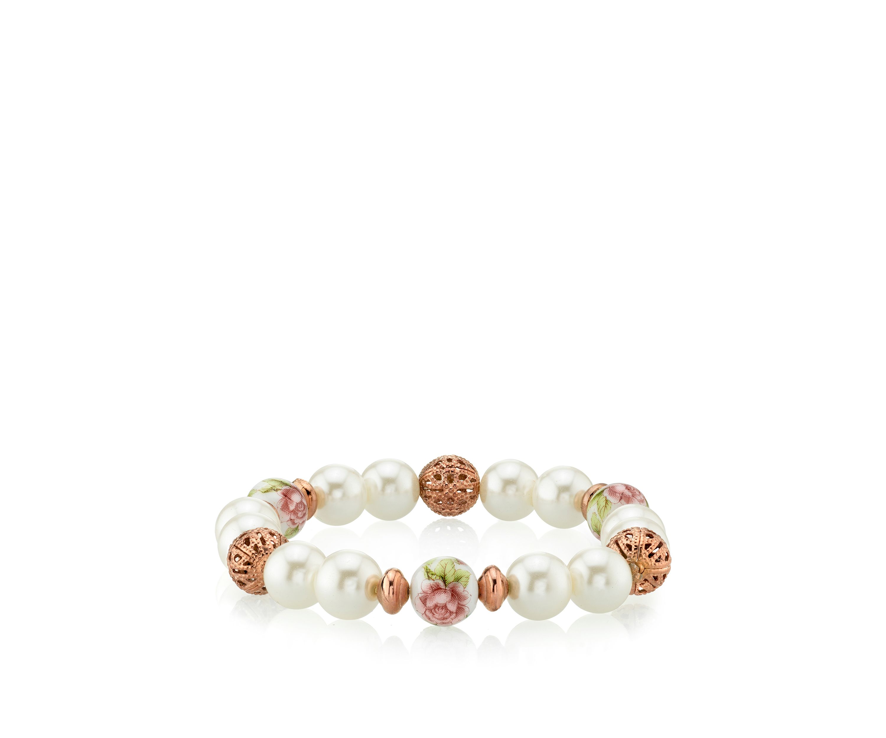 Rose Gold-Tone Simulated Pearl Purple Flower Filigree Beaded Stretch Bracelet