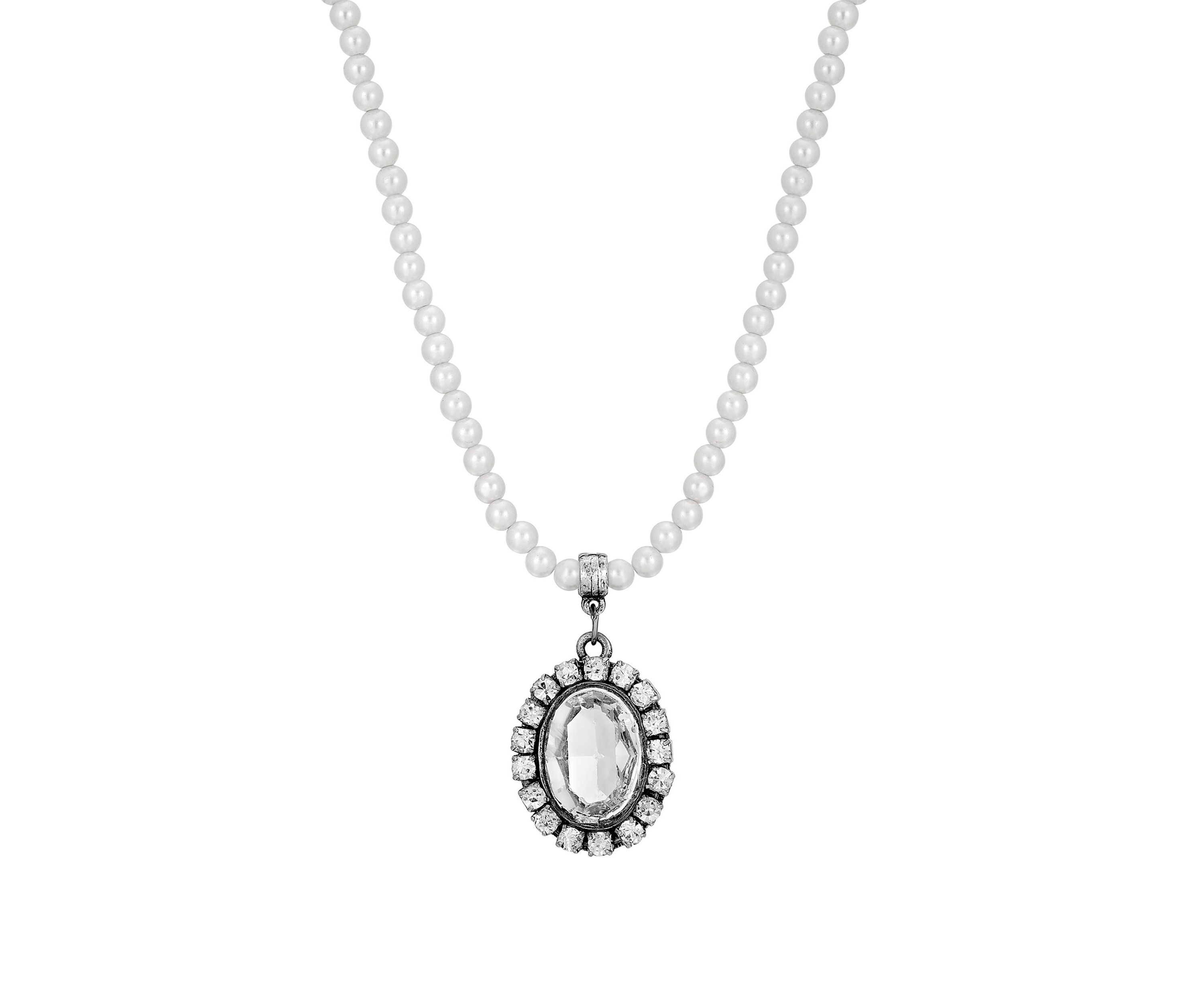 Silver Tone Crystal Rimmed Crystal Oval Pearl Strand Necklace - 15" Adj.