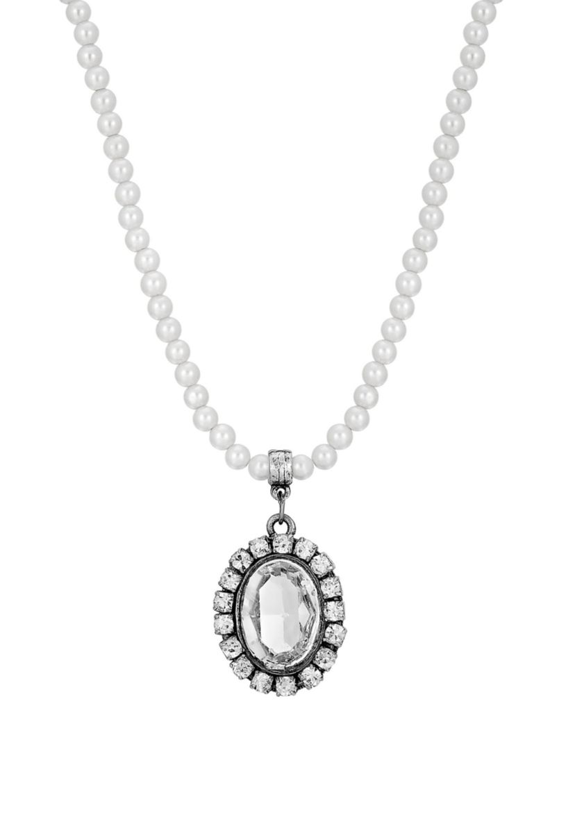 Silver Tone Crystal Rimmed Crystal Oval Pearl Strand Necklace - 15" Adj.
