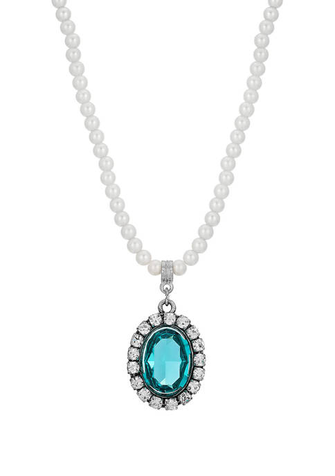 1928 Jewelry Silver Tone Crystal Rimmed Blue Zircon
