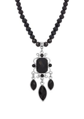 Silver Tone Black Bead  Chandelier Drop Necklace 