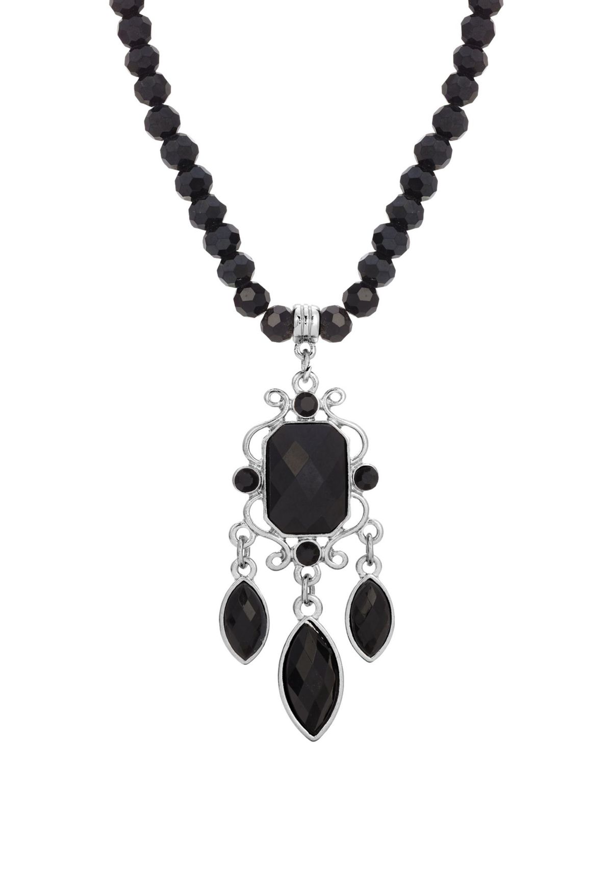 Silver Tone Black Bead  Chandelier Drop Necklace 