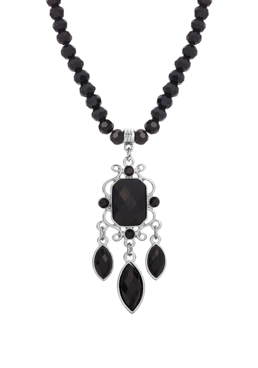 Silver Tone Black Bead  Chandelier Drop Necklace 