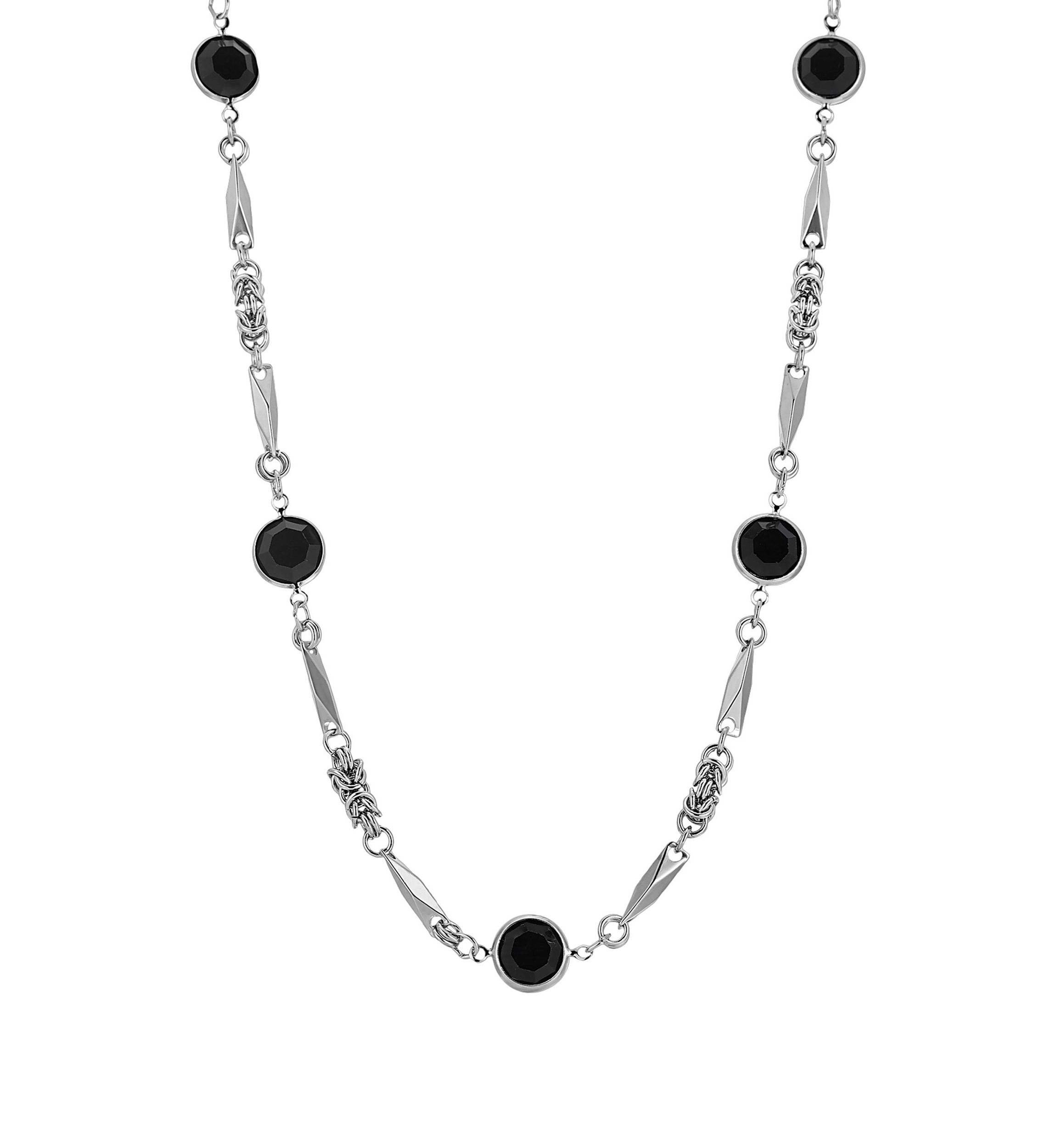 Silver Tone Black Channel Set Crystal Necklace 24"