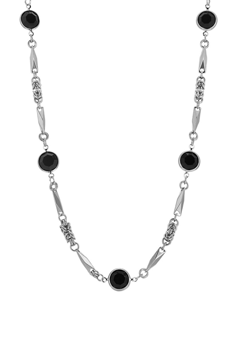 Silver Tone Black Channel Set Crystal Necklace 24"