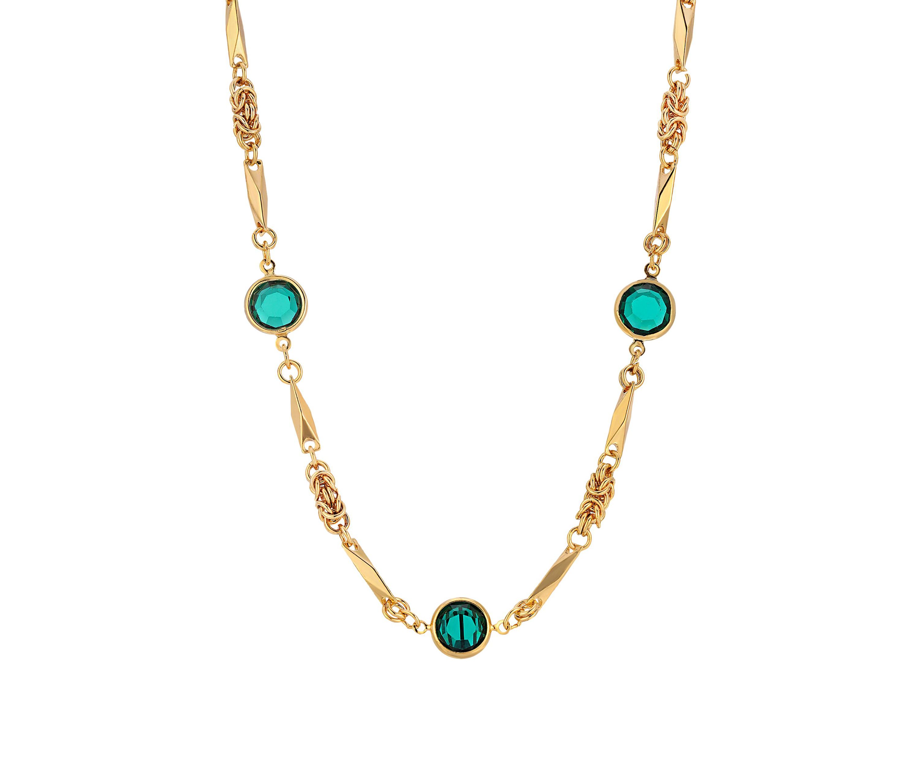 14k Gold Dipped Green Channel Set Crystal Necklace 16" Adj.